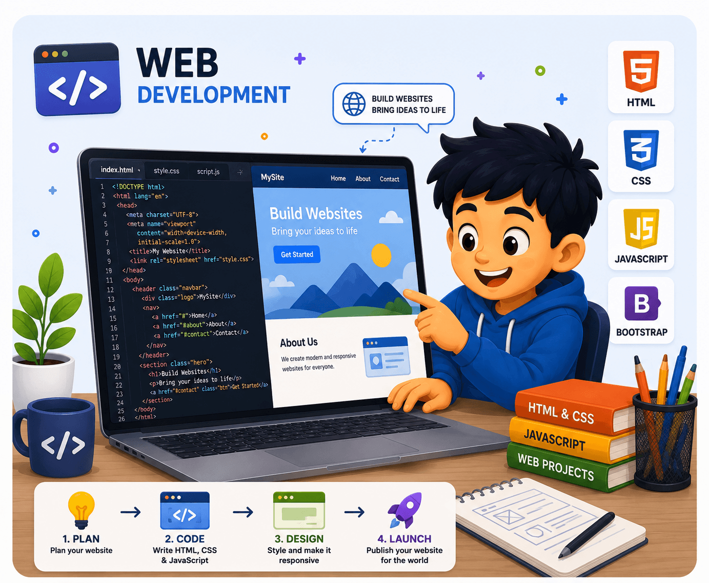 A teen in Nepal building a responsive website with HTML and CSS in an online coding class